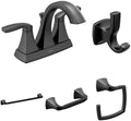 Moen Voss Matte Black Bathroom Set - Two-Handle Centerset Faucet with Double Robe Hook, Towel Ring, Pivoting Toilet Paper Holder, and Towel Bar