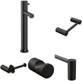 Moen Align Matte Black Bathroom Set: Single Hole Vessel Faucet, 24 in. Towel Bar, Double Post & Single Post Toilet Paper Holders, and Robe Hook