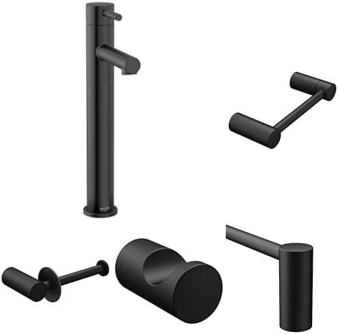 Moen Align Matte Black Bathroom Set: Single Hole Vessel Faucet, 24 in. Towel Bar, Double Post & Single Post Toilet Paper Holders, and Robe Hook