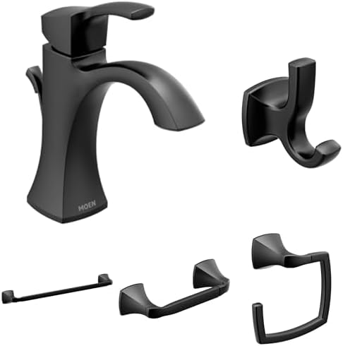Moen Voss Matte Black Bathroom Set - Single Hole Faucet 6903BL with Double Robe Hook, Towel Ring, Pivoting Toilet Paper Holder, and 24-inch Towel Bar