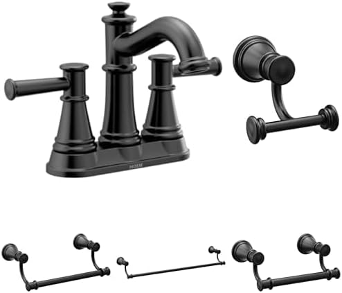 Moen Belfield Matte Black Bathroom Set - Two-Handle Centerset Faucet with Double Robe Hook, Pivoting Toilet Paper Holder, Towel Bar & 9-Inch Hand Towel Bar