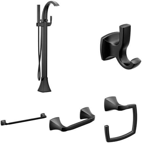 Moen Voss Matte Black Bathroom Set - Freestanding Tub Filler 695BL with Handshower, Double Robe Hook, Towel Ring, Pivoting Toilet Paper Holder, and Towel Bar YB5124BL