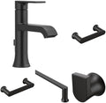 Moen Genta LX Matte Black Bathroom Set: Single-Handle Faucet with Deckplate, 24-Inch Towel Bar, 6.8-Inch Hand Towel Bar, Pivoting Toilet Paper Holder, and Single Robe Hook