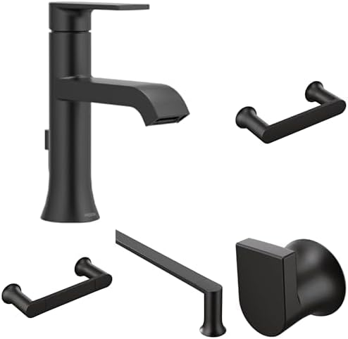 Moen Genta LX Matte Black Bathroom Set: Single-Handle Faucet with Deckplate, 24-Inch Towel Bar, 6.8-Inch Hand Towel Bar, Pivoting Toilet Paper Holder, and Single Robe Hook