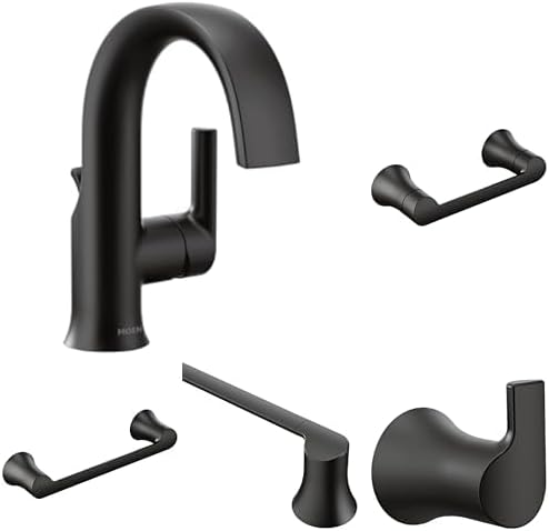 Moen Doux Matte Black Bathroom Set - Single Handle High Arc Faucet with 24-Inch Towel Bar, Hand Towel Bar, Pivoting Toilet Paper Holder, and Robe Hook