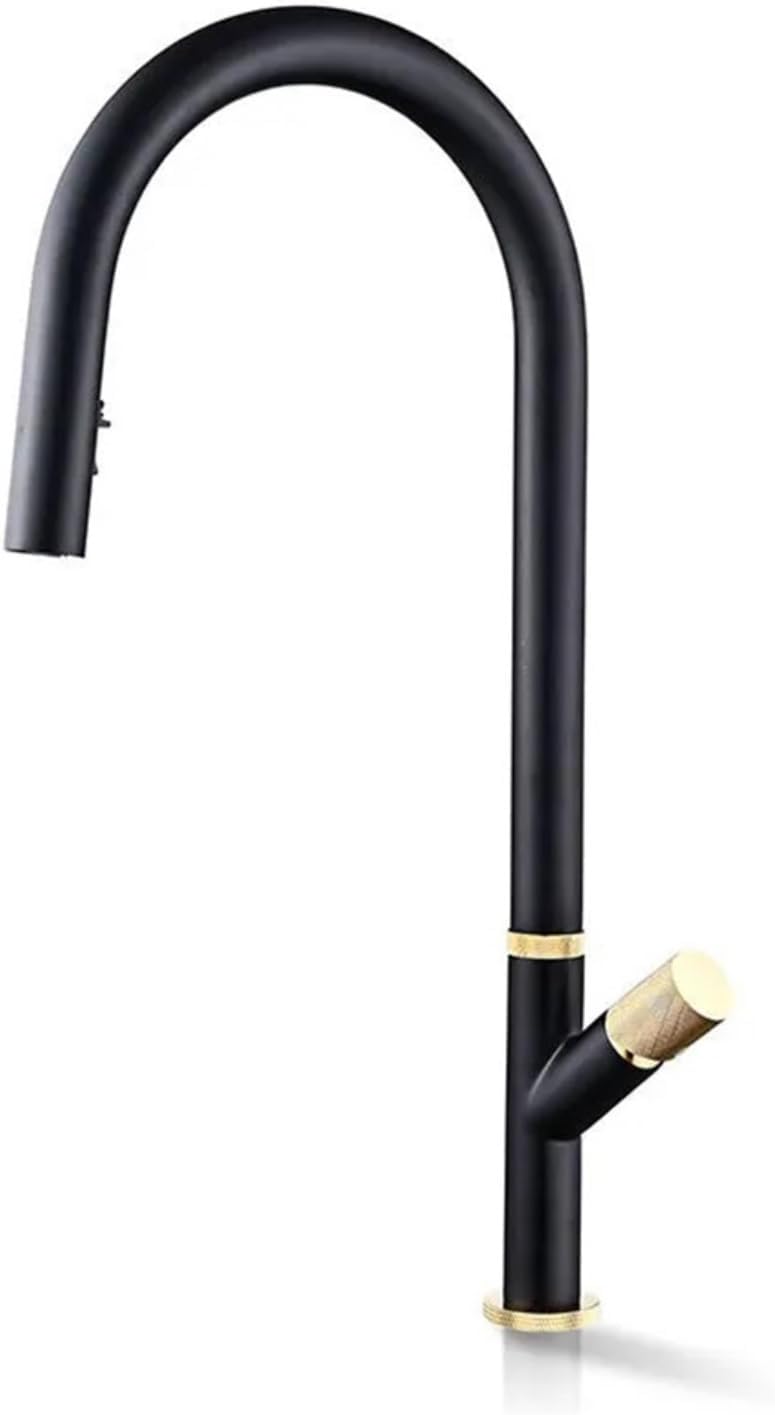 Pull-Out Kitchen Faucet 360 Rotation Hidden Nozzle Hot and Cold Water Sink Mixer Tap Deck Mounted Luxury Wash Tap(Black-Gold)