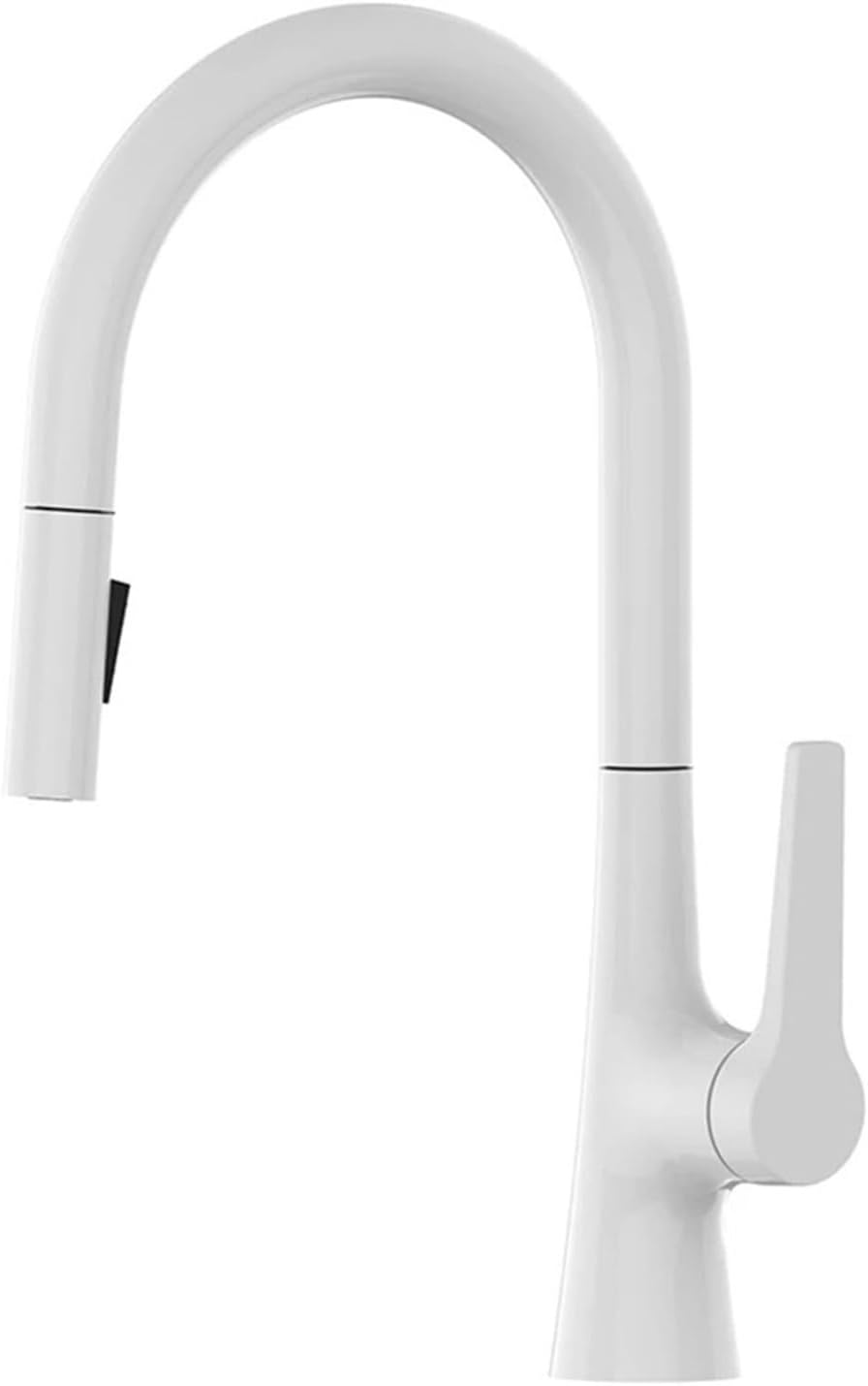 Brass Deck Mounted 360 Degree Rotation Kitchen Pull Out Brass Faucet Hot and Cold Water Sink Taps(White)