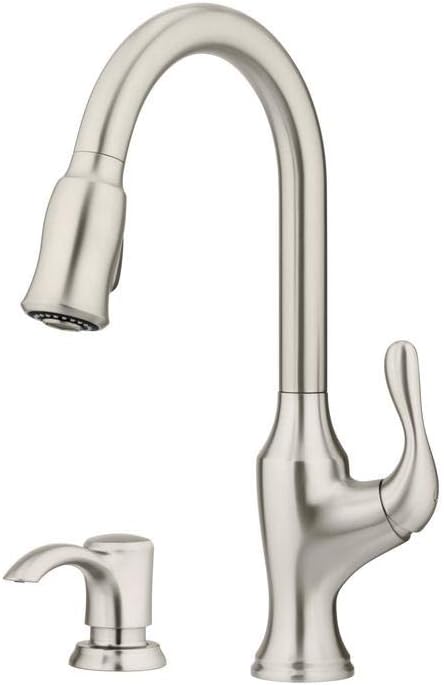 Pfister Deming Kitchen Faucet with Pull Down Sprayer and Soap Dispenser, Single Handle, High Arc, Spot Defense Stainless Steel Finish, F5297DMGS