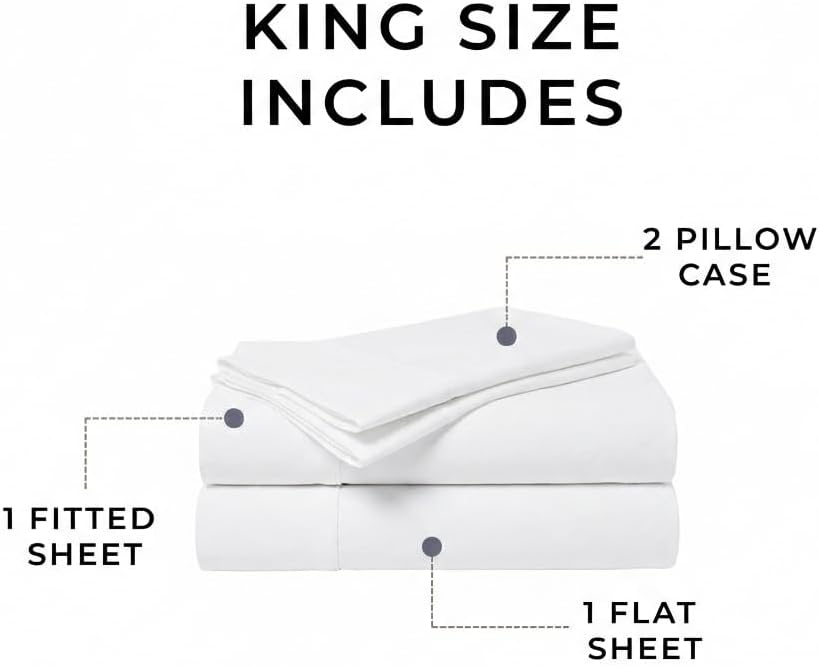 Peru Pima 415 Thread Count Percale King Sheet Set - 100% Peruvian Pima Cotton, 4 Piece (Flat, Fitted, 2 Pillowcases) - Cooling, Crisp, Deep Pocket, Hotel Quality Bedding - White