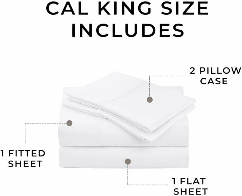 Peru Pima 415 Thread Count Percale California King Sheet Set - 100% Peruvian Pima Cotton, 4 Piece (Flat, Fitted, 2 Pillowcases) - Cooling, Crisp, Deep Pocket, Hotel Quality Bedding - White