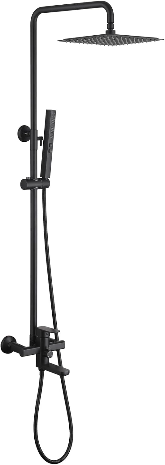 Exposed Shower System 10' Matte Black Rainfall Shower Head with 2 Modes Handheld and Tub Faucet Set, Square Shower Head 3 Functions Outdoor Shower Fixtures with Brass Valve, Height Adjustable