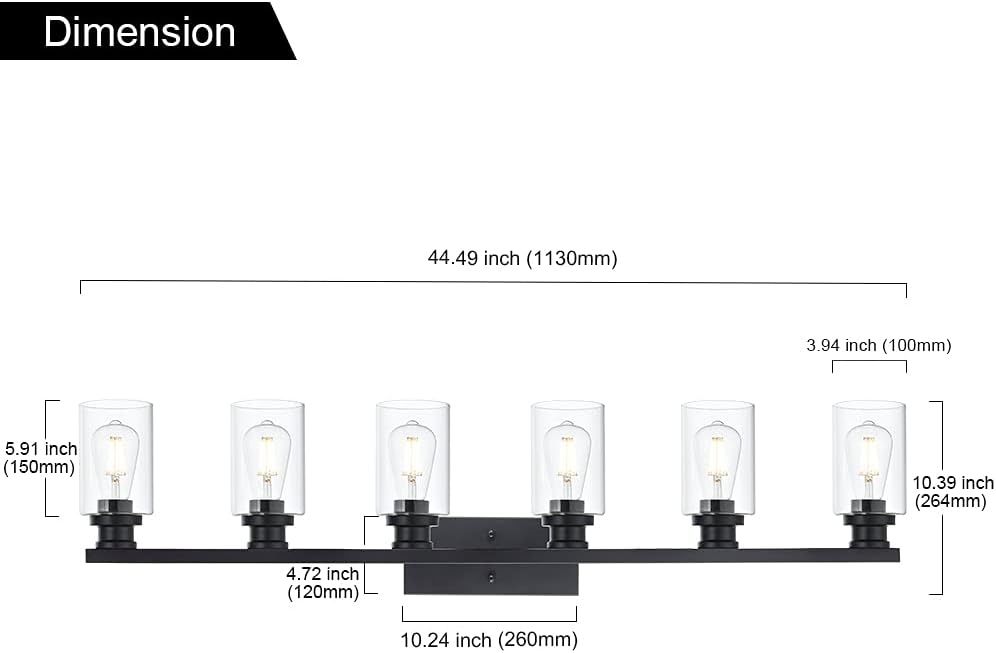 6 Light Classic Bathroom Vanity Lighting Fixture,Matte Black Indoor Metal Wall Mount Light Over Mirror with Clear Glass Shade