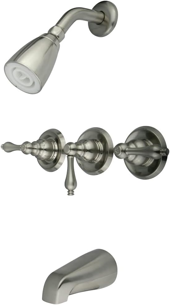 Kingston Brass KB238AL Tub and Shower Faucet with 3-Lever Handles, Satin Nickel,5-Inch Spout Reach