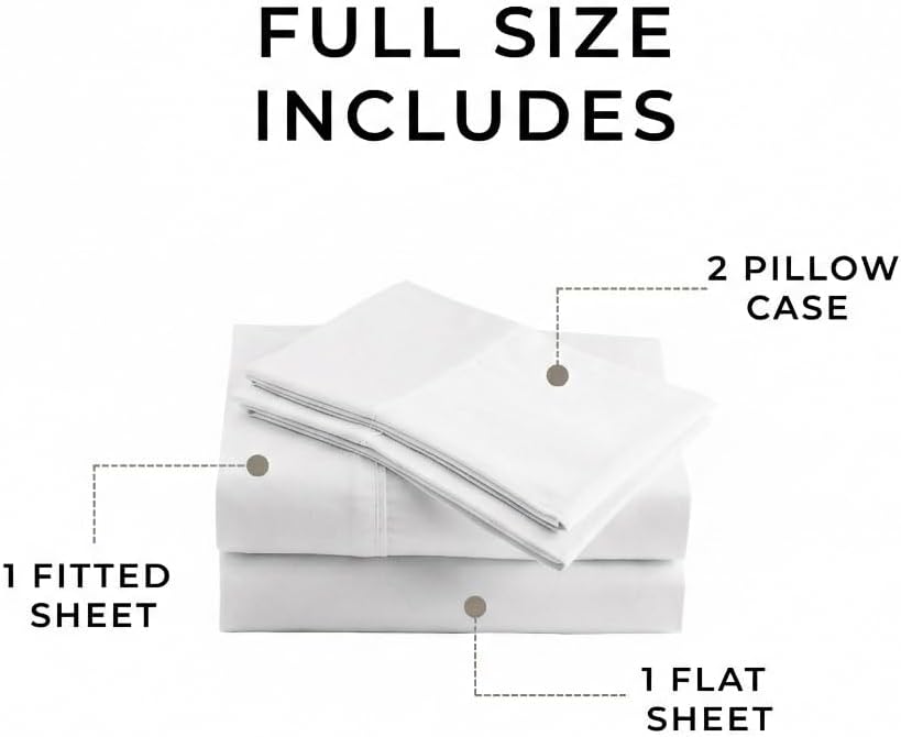 Peru Pima 415 Thread Count Percale Full Sheet Set - 100% Peruvian Pima Cotton, 4 Piece (Flat, Fitted, 2 Pillowcases) - Cooling, Crisp, Deep Pocket, Hotel Quality Bedding - White