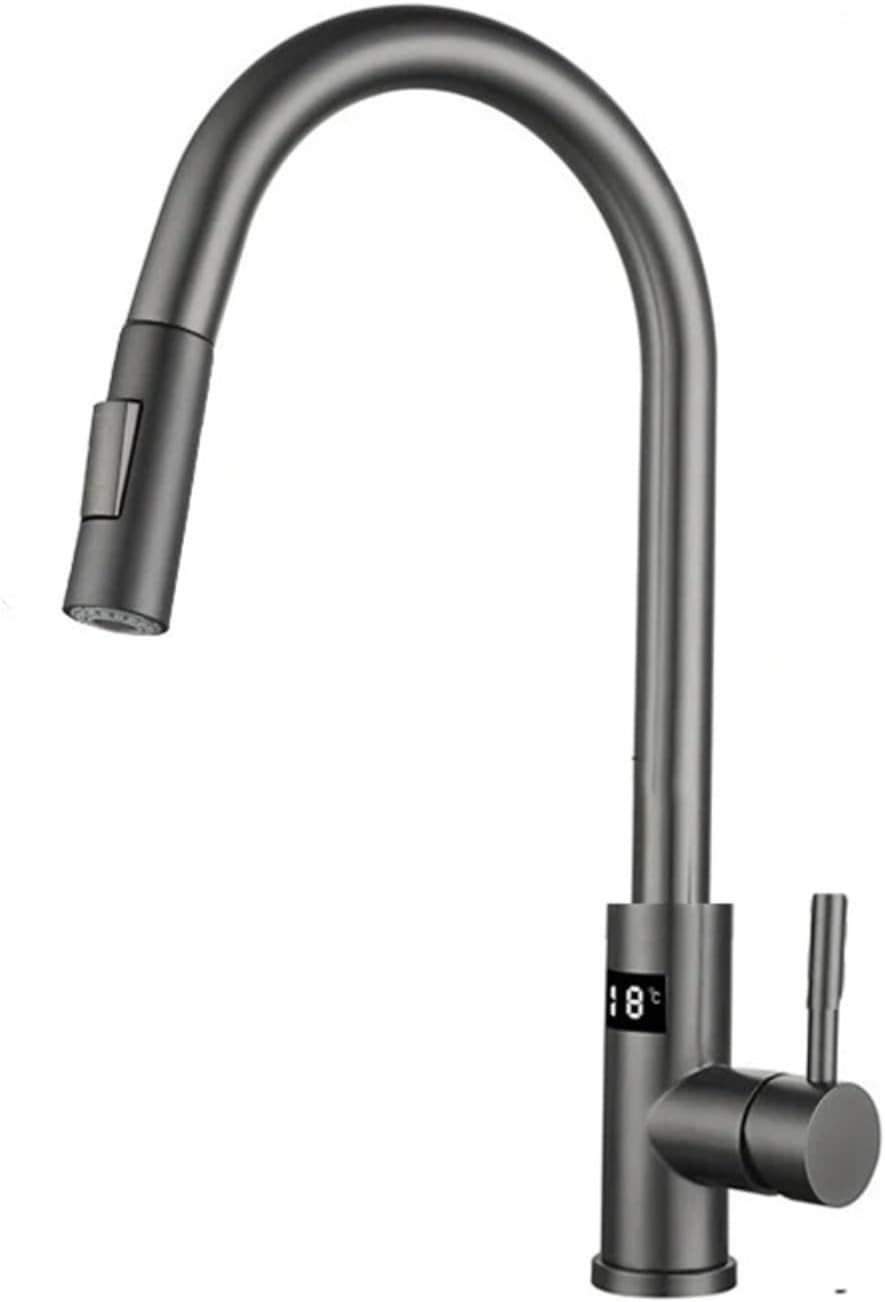 Kitchen Faucet Tap Hot Cold Water Digital Temperature Display Faucet 304 Stainless Steel Pull Down Taps(Brushed)