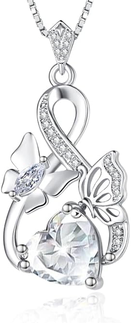 Gold Jewelry for Women Wife Infinity Necklace 18K White Gold Plated Dainty Butterfly Pendant with Heart Birthstone - Anniversary Necklaces for Women Birthday Gift Ideas Present for Girlfriend Mom Daughter
