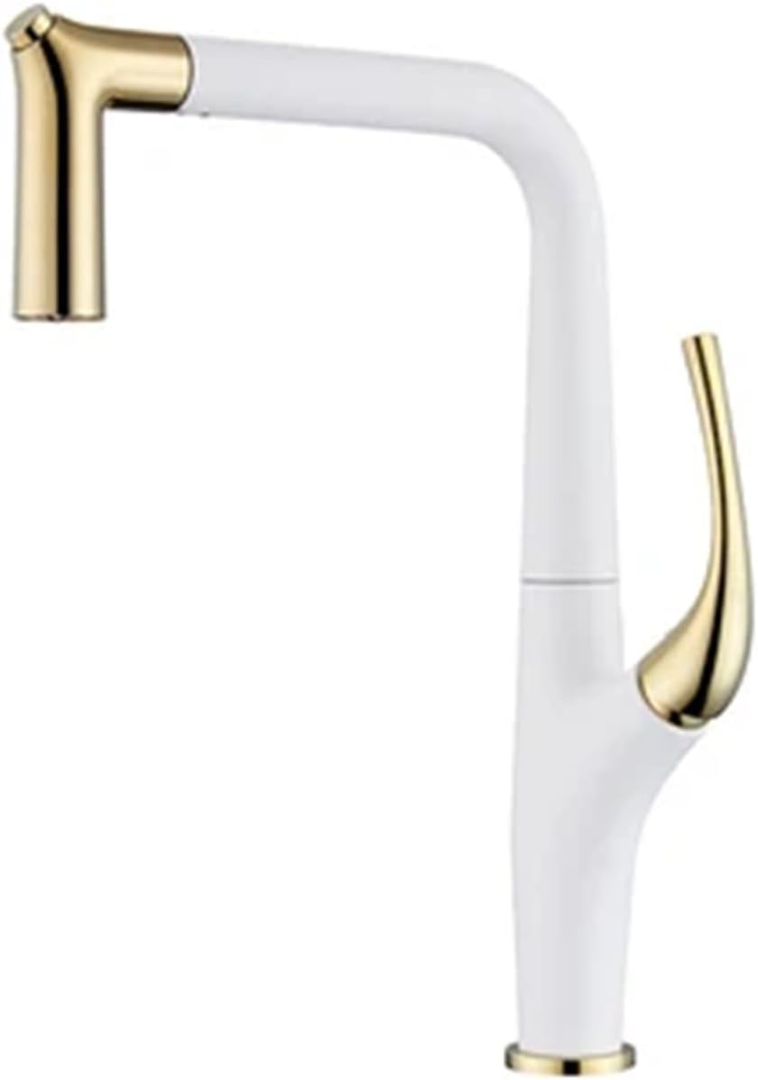 Kitchen Faucet Pull Out Single Lever Brass Rotation Hot and Cold Water Saving Decked Sink Mixer Tap(White and Gold)
