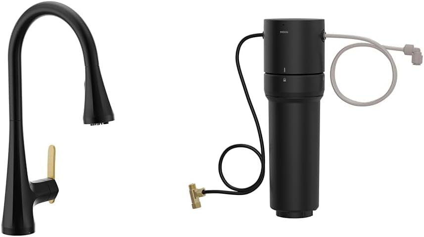 Moen Sinema Matte Black 3-in-1 Water Filtration One-Handle Pulldown Kitchen Faucet, FS7235BL with Moen F9800 Advanced Carbon Water Filtration System