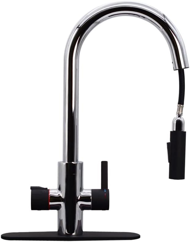 Westbrass BK236WH-2662 36' Double Bowl Reversible Apron Front Solid Surface Kitchen Sink with 4 in 1 Function Faucet, Dual Water Filters, Drain Baskets and Soap Dispenser, Polished Chrome/Matte Black