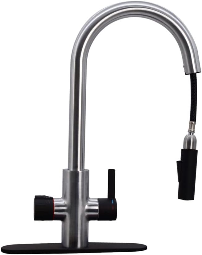 Westbrass BK13341-2062 33' Single Bowl Reversible Apron Front Solid Surface Kitchen Sink with 4 in 1 Function Faucet, Dual Water Filters, Drain Basket and Soap Dispenser, Stainless Steel/Matte Black