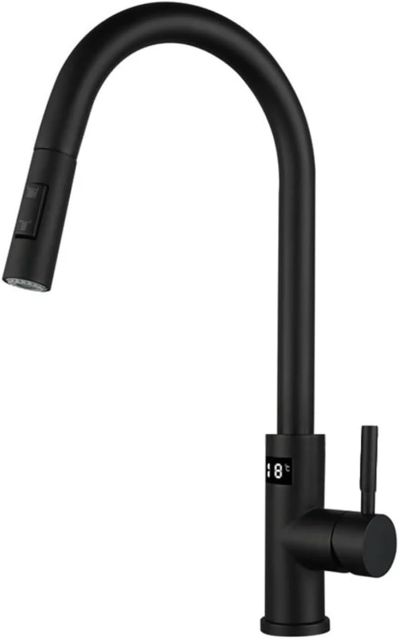 Kitchen Faucet Tap Hot Cold Water Digital Temperature Display Faucet 304 Stainless Steel Pull Down Taps(Black)