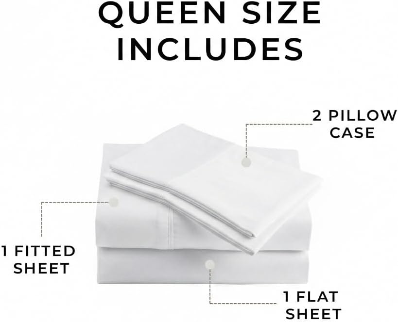 Peru Pima 415 Thread Count Percale Queen Sheet Set – 100% Pima Cotton, Cooling & Breathable for Warm Sleepers, 4 Piece (Flat, Fitted, 2 Pillowcases), Deep Pocket, Hotel Quality – White
