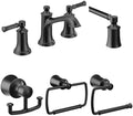 Moen Dartmoor Matte Black Bathroom Set - Two-Handle Widespread Faucet with 24-Inch Towel Bar, Toilet Paper Holder, Hand Towel Holder & Double Robe Hook