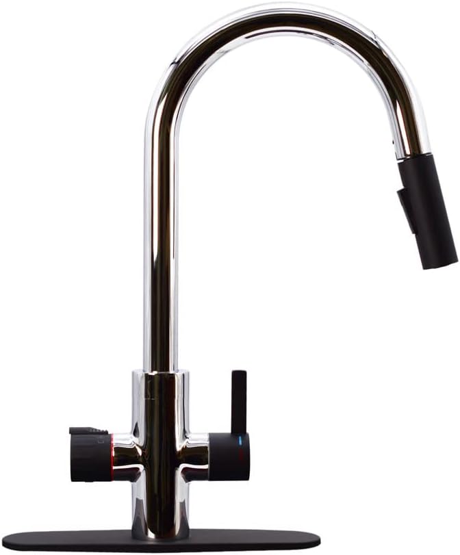 Westbrass BK236WH-2662 36' Double Bowl Reversible Apron Front Solid Surface Kitchen Sink with 4 in 1 Function Faucet, Dual Water Filters, Drain Baskets and Soap Dispenser, Polished Chrome/Matte Black