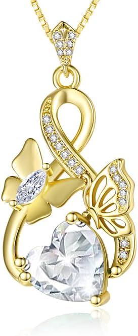 Gold Jewelry for Women Wife Infinity Necklace 18K White Gold Plated Dainty Butterfly Pendant with Heart Birthstone - Anniversary Necklaces for Women Birthday Gift Ideas Present for Girlfriend Mom Daughter