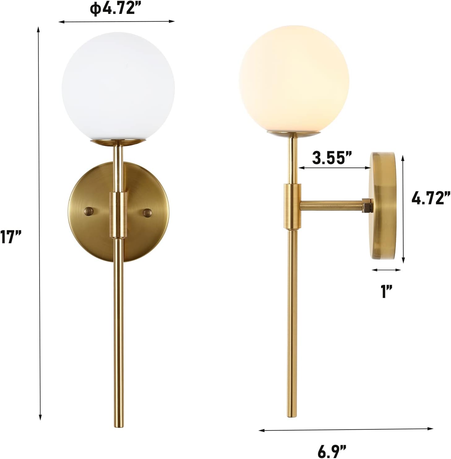 BYOLIIMA Gold Wall Sconce Set of 2 with White Globe Glass Shades Modern Mid Century Bathroom Vanity Wall Light Fixtures Industrial Brushed Brass Wall Lamp for Bedroom Mirror Living Room Restaurant