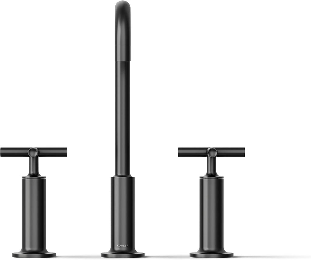 KOHLER K-14408-3-BL Purist® Widespread Bathroom Sink Faucet, 3-Hole, Widespread High Cross Handles and High Gooseneck Spout, 1.2 GPM, Matte Black