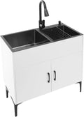 32-Inch Utility Sink Cabinet with Pull-Out Sprayer Fauce, Laundry Sink with Cabinets and Stainless Steel Double Sinks, Freestanding Cabinet with Sink for Laundry&Utility Room, Kitchen, Bathroom