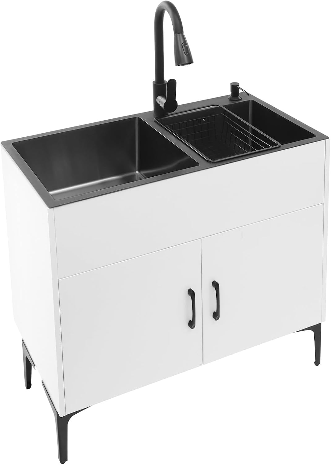 32-Inch Utility Sink Cabinet with Pull-Out Sprayer Fauce, Laundry Sink with Cabinets and Stainless Steel Double Sinks, Freestanding Cabinet with Sink for Laundry&Utility Room, Kitchen, Bathroom
