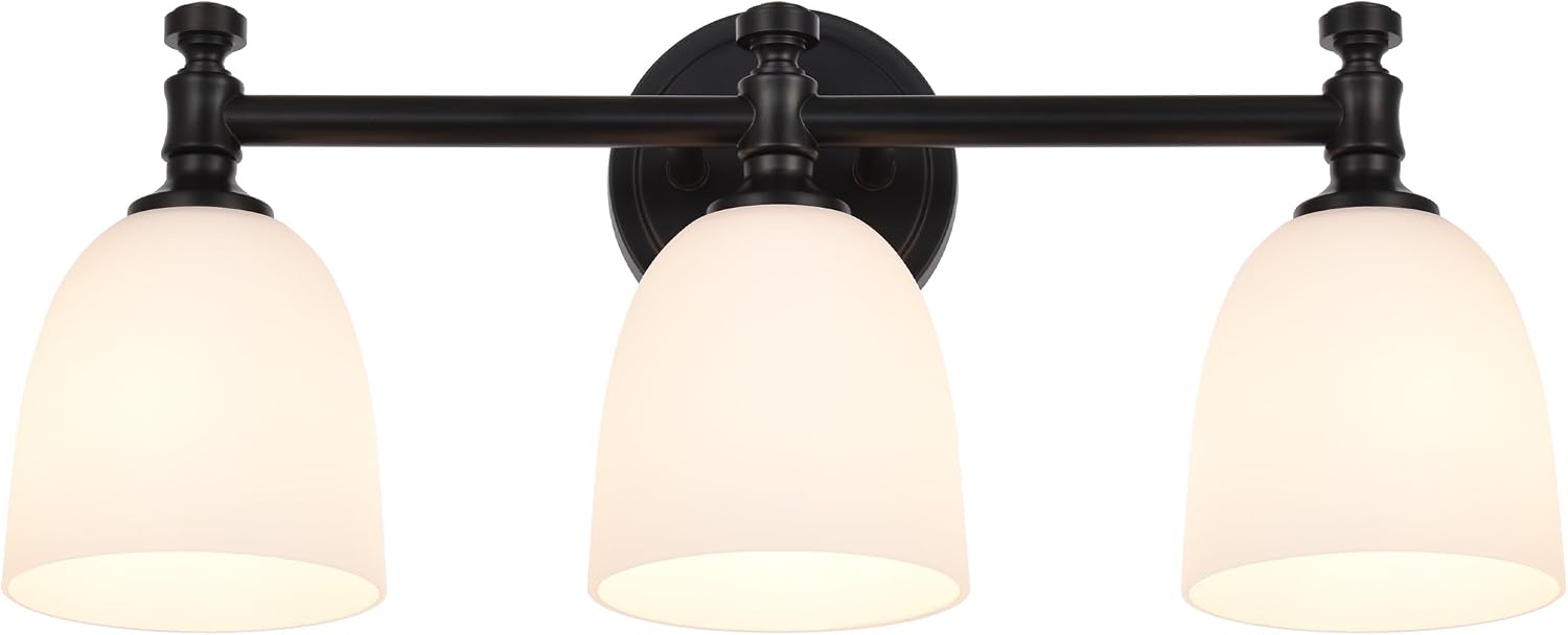 Black Bathroom Vanity Light, 3-Light Bathroom Light Fixtures Over Mirror, Traditional Vanity Lights for Living Room, Milk White Bell Glass Shades, Standard E26 Base, Matte Black