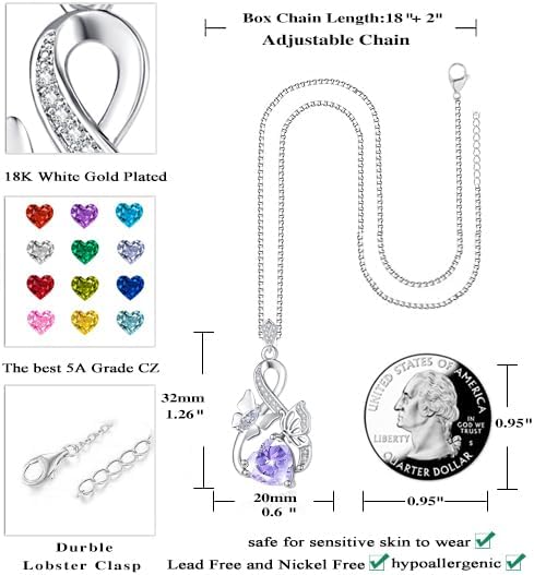 Gold Jewelry for Women Wife Infinity Necklace 18K White Gold Plated Dainty Butterfly Pendant with Heart Birthstone - Anniversary Necklaces for Women Birthday Gift Ideas Present for Girlfriend Mom Daughter