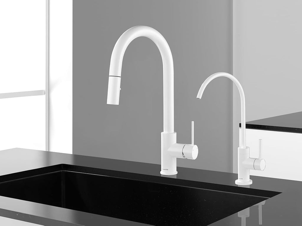 AguaStella AS60W Shiny White Kitchen Sink Faucet with Pull Down Sprayer Single Handle