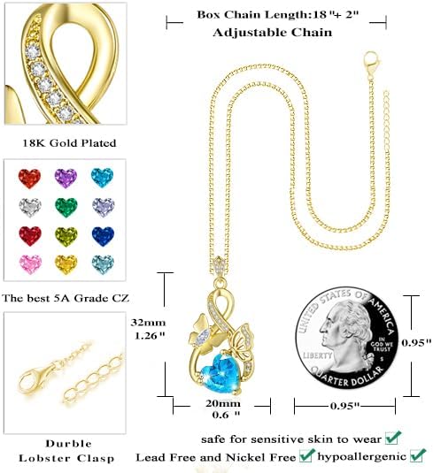 Gold Jewelry for Women Wife Infinity Necklace 18K White Gold Plated Dainty Butterfly Pendant with Heart Birthstone - Anniversary Necklaces for Women Birthday Gift Ideas Present for Girlfriend Mom Daughter