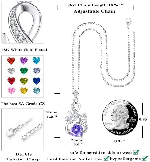 Gold Jewelry for Women Wife Infinity Necklace 18K White Gold Plated Dainty Butterfly Pendant with Heart Birthstone - Anniversary Necklaces for Women Birthday Gift Ideas Present for Girlfriend Mom Daughter