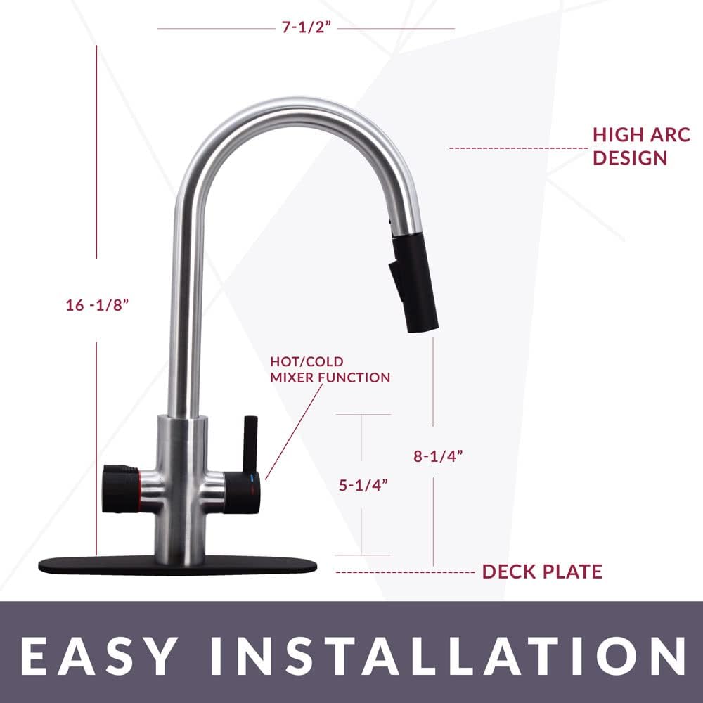 Westbrass BK124WH-2062 24' Single Bowl Reversible Apron Front Solid Surface Kitchen Sink with 4 in 1 Function Faucet, Dual Water Filters, Drain Basket and Soap Dispenser, Stainless Steel/Matte Black