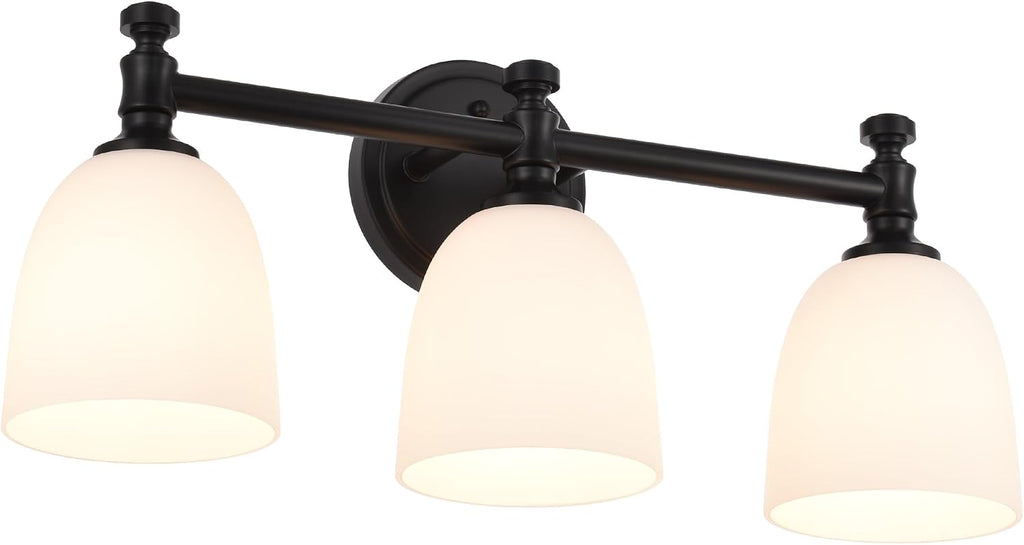 Black Bathroom Vanity Light, 3-Light Bathroom Light Fixtures Over Mirror, Traditional Vanity Lights for Living Room, Milk White Bell Glass Shades, Standard E26 Base, Matte Black