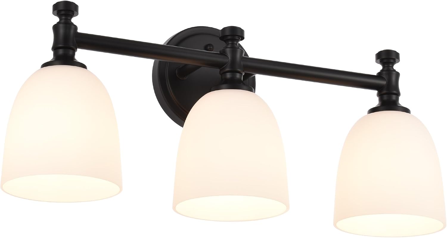 Black Bathroom Vanity Light, 3-Light Bathroom Light Fixtures Over Mirror, Traditional Vanity Lights for Living Room, Milk White Bell Glass Shades, Standard E26 Base, Matte Black