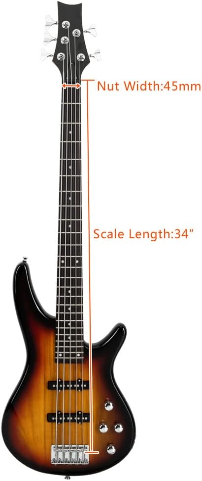 Ktaxon Electric Bass Guitar 5 String Bass Guitar with 20 Watt Amplifier, JB Type Pickup, Naturally air-dried Maple Neck, Rosewood Fretboard, Basswood Body(Sunset)