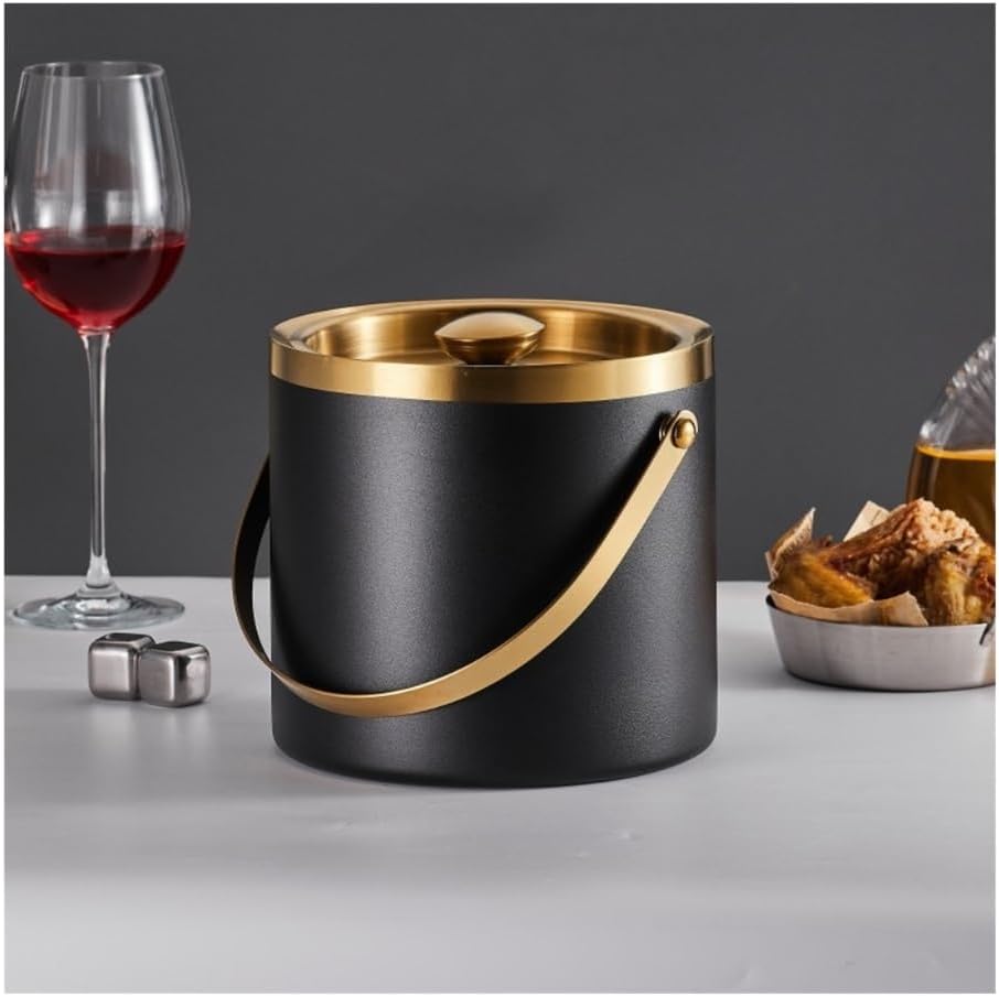 Ice Bucket, 3L Stainless Steel Ice Bucket, Double Insulated and Cooled Ice Bucket Ice Buckets for Parties(Black)