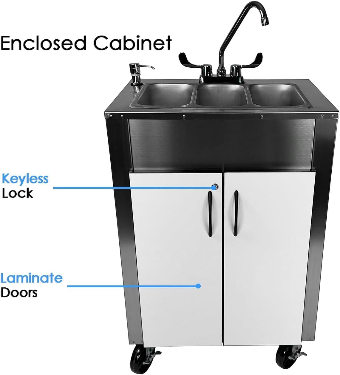 Pinnacle Portable Sink Hand Wash Station– (3-Basin) Stainless Steel Portable Sink with Hot Water–Portable Handwashing Station for Health & Beauty, Medical Facilities, Daycare, Pop-Up & Food Service