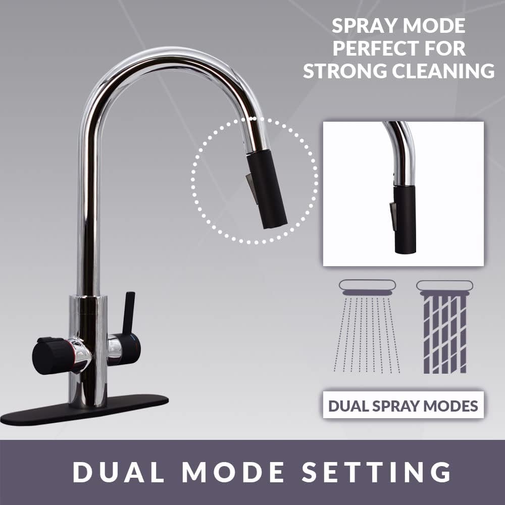 Westbrass BK236WH-2662 36' Double Bowl Reversible Apron Front Solid Surface Kitchen Sink with 4 in 1 Function Faucet, Dual Water Filters, Drain Baskets and Soap Dispenser, Polished Chrome/Matte Black