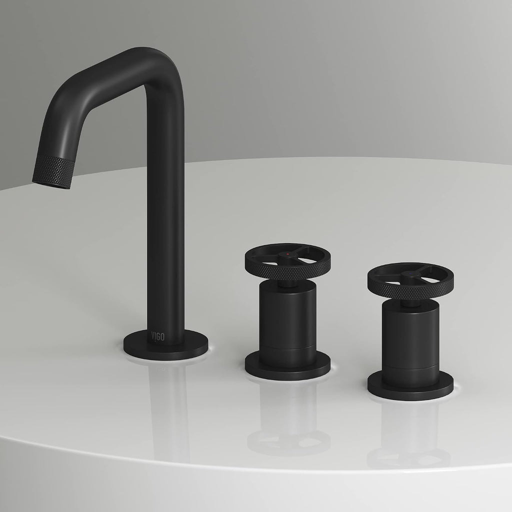 VIGO Cass Two-Handle Three-Hole Mount Widespread Bathroom Sink Faucet, 8-Inch, Matte Black, Modern Design, Solid Brass, 1.2 GPM WaterSense & Ceramic Disc Valve, Corrosion-Resistant
