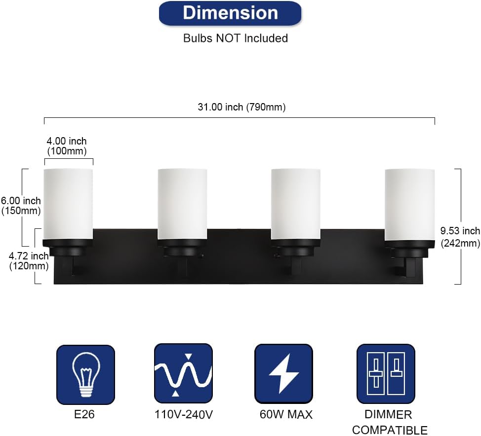 TODOLUZ 4-Lights Bathroom Light Fixtures in Matte Black, Modern Opal White Glass Vanity Light E26 Bulb Base, Wall Mount Lighting for Bedroom Bath Living Room