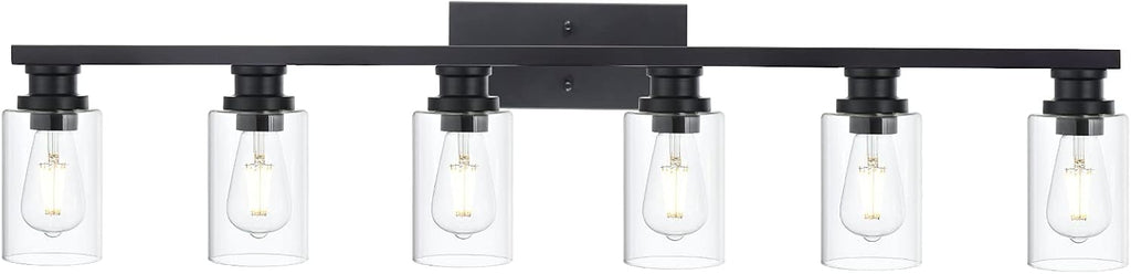 6 Light Classic Bathroom Vanity Lighting Fixture,Matte Black Indoor Metal Wall Mount Light Over Mirror with Clear Glass Shade