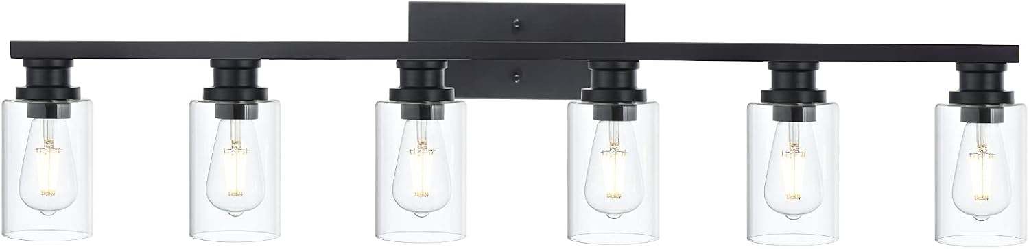 6 Light Classic Bathroom Vanity Lighting Fixture,Matte Black Indoor Metal Wall Mount Light Over Mirror with Clear Glass Shade
