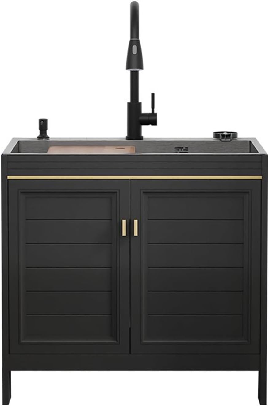 Black Kitchen Sink With Faucet, Hot & Cold Water, Soap Dispenser, Freestanding Cabinet For Living Room, Kitchen, Office, Space-Saving Design-72x45cm/28.3x17.7in